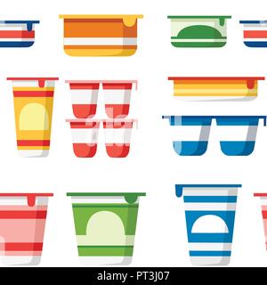 Seamless pattern. Set of yogurt containers. Colored template packaging for yogurt and mousse. Plastic pot. Flat vector illustration on white backgroun Stock Vector