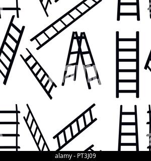 Seamless pattern. Black silhouette. Collection of metal ladders. Different types of stepladders. Flat vector illustration on white background. Stock Vector