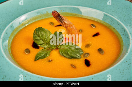 pumpkin soup with shrimp Stock Photo