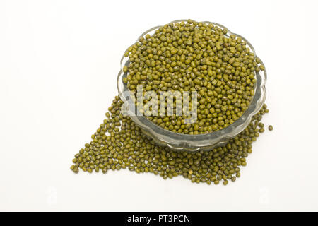 Green mung bean in shape isolated on white background. Stock Photo