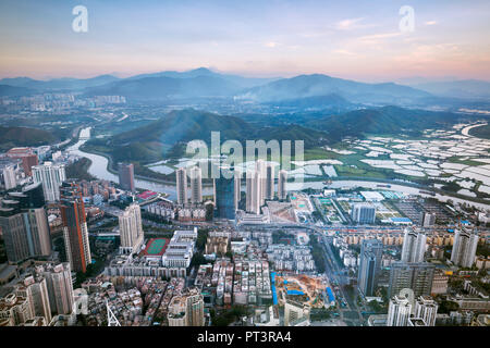 Aerial city view from the top of the KK100 (Kingkey 100) skyscraper. Luohu District, Shenzhen, Guangdong Province, China. Stock Photo