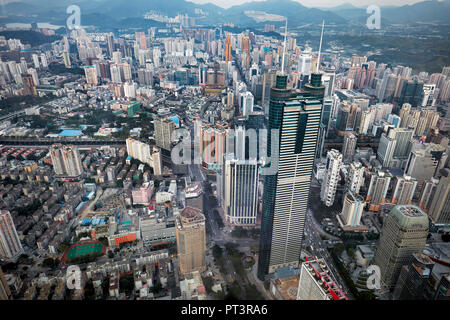 Aerial city view from the top of KK100 (Kingkey 100) skyscraper. Luohu District, Shenzhen, Guangdong Province, China. Stock Photo