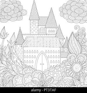 Line art design of jungle and castle coloring Book for adults. Vector illustration. Antistress freehand sketch drawing with doodle and zentangle eleme Stock Vector
