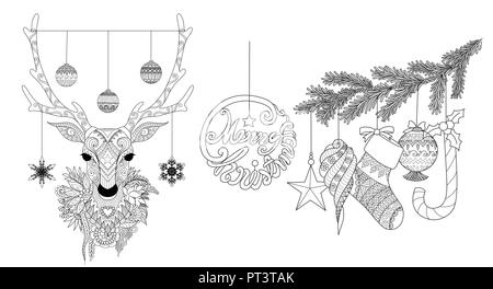 Zentangle stylized of Christmas deer and ornaments for coloring book pages for anti stress,engraving and so on, hand drawn set. Vector illustration Stock Vector