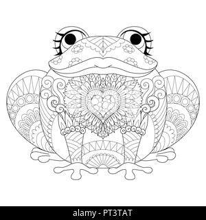 Drawing cute frog with long eyelashes with the heart shape in the chest for design element and coloring book pages for adult.Vector illustration Stock Vector