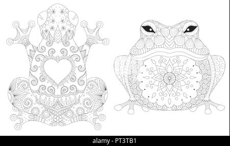 Frogs collection for design element,tattoo, print on product and adult coloring book pages. Vector illustration Stock Vector