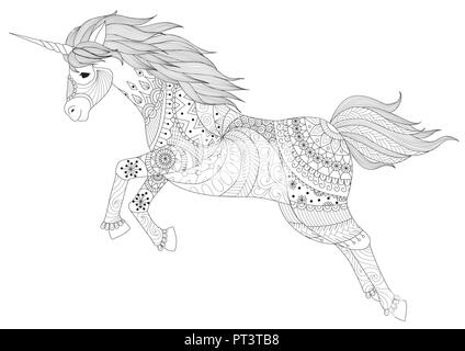 Jumping cute unicorn for printed design and coloring book pages for anti stress .Vector illustration Stock Vector