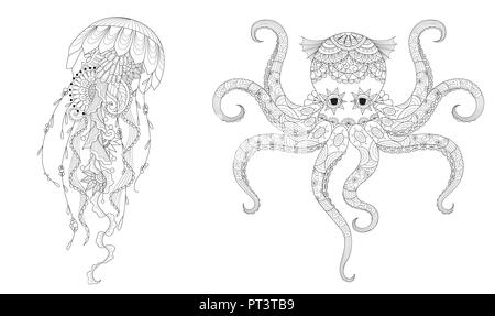 Set of jellyfish and octopus for coloring book page for anti stress and print on product. .Freehand drawing. Vector illustration. Stock Vector