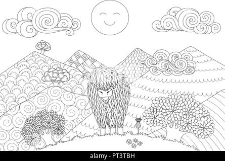Cute Highland cow walking on the hill for design element and coloring book page for adult. Vector illustration Stock Vector