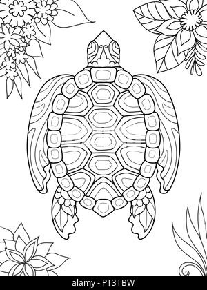 Simple line art of turtle swimming for coloring book page on smartphone app. Vector illustration Stock Vector