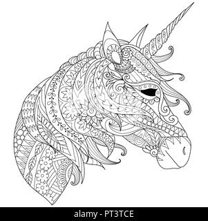 Coloring Book for adults. Colouring pictures with fairytale magic unicorn, also can be used for printing on product. Vector illustration Stock Vector