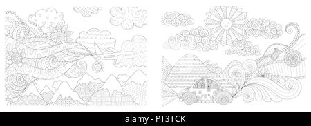 Coloring Pages. Coloring Book for adults. Colouring pictures collection of travelling by plane and car. Antistress freehand sketch drawing with doodle Stock Vector