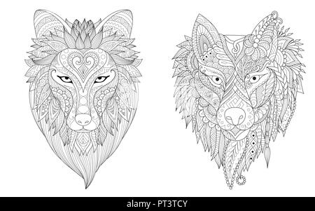 Drawing wolf collection for tattoo, printed tee and adult coloring book pages for anti stress. Vector illustration. Stock Vector