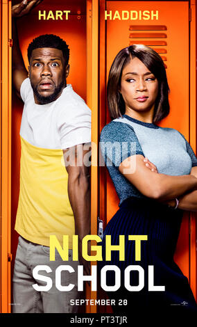 Night School (2018) directed by Malcolm D. Lee and starring Tiffany Haddish, Kevin Hart and Taran Killam. A group of misfit  students attend a night school in order to pass their GED. Stock Photo