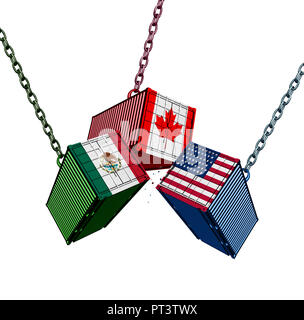 United States Mexico Canada trade agreement as the USMCA with cargo shipping containers joining together as an economic import and export deal. Stock Photo