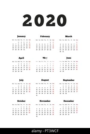 Calendar on 2020 year with week starting from monday, A4 size vertical sheet on white Stock Vector