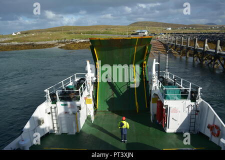 On board Caledonian MacBrayne Calmac ferry looking towards Berneray North Uist going to Leverburgh Isle of Harris in the Outer Hebrides West Scotland Stock Photo