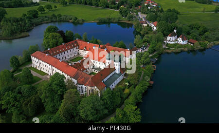 View of Cloister Seeon on Seeoner See, Seeon-Seebruck, near Traunstein, Chiemgau, Upper Bavaria, Bavaria, Germany, aerial view Stock Photo