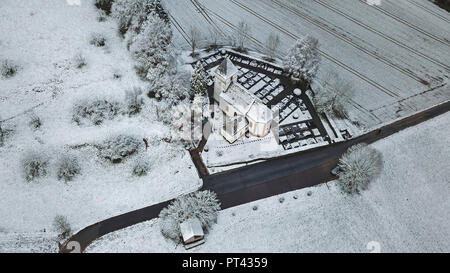 Drone shot of Saint James's Church in Rehlingen-Litdorf near Fisch im Saargau, Trier-Saarburg district, Rhineland-Palatinate, Germany Stock Photo