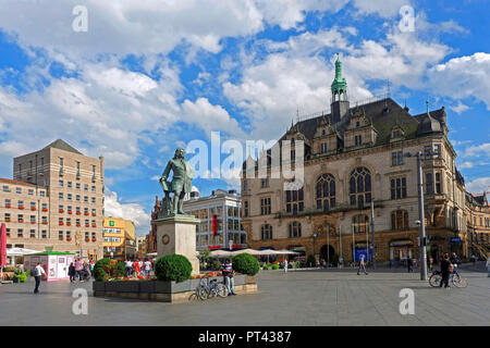 Händel' monument in front of the town house at market place, Halle an der Saale, Saxony-Anhalt, Germany Stock Photo