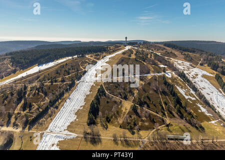 Ettelsberg with snow remains on the runs in Willingen, Upland, Waldeck-Frankenberg, Hesse, Germany Stock Photo