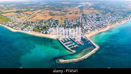 Port of Campomarino di Maruggio aerial view, Taranto province, Apulia, Salento, Italy, Europe, Stock Photo