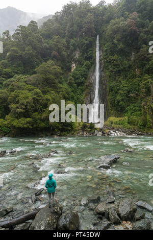 Tourist under the rain admiring Thunder Creek Falls, Mount Aspiring National Park, West Coast region, South Island, New Zealand, Stock Photo