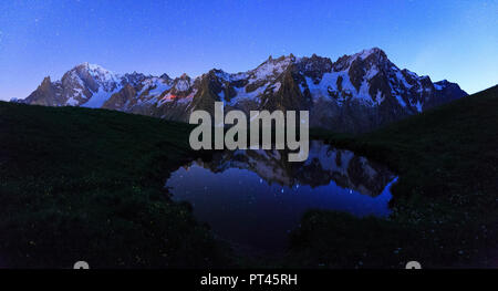 The Mont Blanc mountain range is reflected in a puddle during the night, Mont de la Saxe, Ferret Valley, Courmayeur, Aosta Valley, Italy, Europe Stock Photo