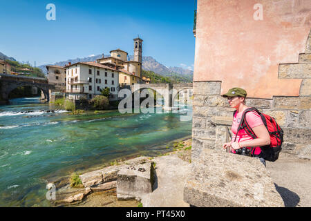 Hiker in San Giovanni Bianco, Val Brembana, Province of Bergamo, Orobie alps, Italian alps, Italy Stock Photo