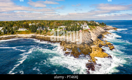 Aerial view of Pemaquid Point Light. The Pemaquid Point Light is a historic US lighthouse located in Bristol, Lincoln County, Maine Stock Photo
