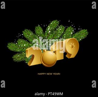 Vector Christmas Green Pine Branches and 2019 year. Stock Vector