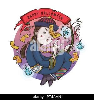 Vector Illustration of Jiangshi Chinese Hopping Vampire Ghost Holding Red Flag and Soul Lantern for Halloween on  White Background, Cute  Cartoon Char Stock Vector