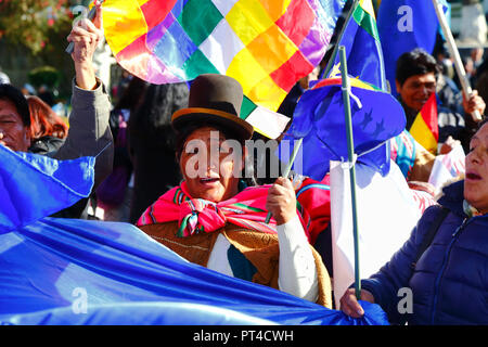 An Aymara woman or cholita beneath a wiphala flag at an event for the reading of the ruling for the Bolivia v Chile case in the International Court of Stock Photo