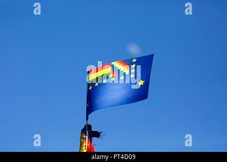 The Maritime Revindication flag / Bandera de la Reivindicacion Maritima against a blue sky, Bolivia.
