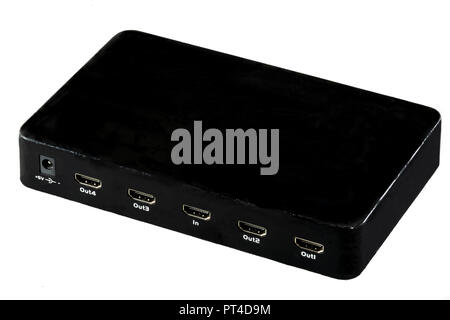 Black HDMI digital video four port splitter on white background. Electronic equipment for multiple televisions connection. Stock Photo