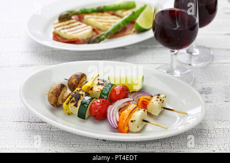 halloumi cheese vegetables skewers kebab, healthy vegetarian dish Stock Photo