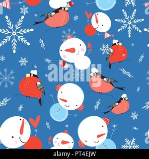 Seamless bright winter pattern of bullfinches and snowmen on a blue background with snowflakes Stock Vector