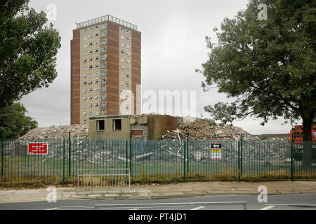 Demolition of the East Marsh high rise council flats, Grimsby, UK. Stock Photo