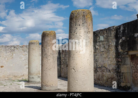 Stone columns in a central courtyard at Mitla archeological site Stock Photo