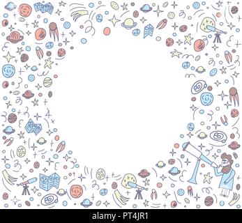 Vector design of astronomer and astronomic objects. Round frame with empty space for text. Stock Vector