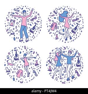 Figure skating concept. Set of round composition in doodle style with atletes and sport equipment. Vector  illustration. Stock Vector