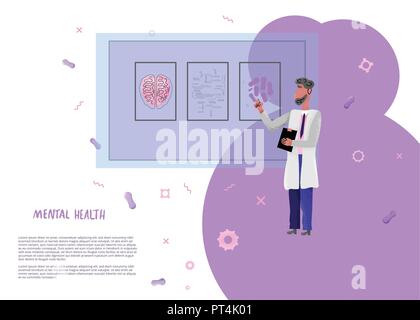 Flat concept of medical brain diagnostic. Vector banner with doctor. Stock Vector