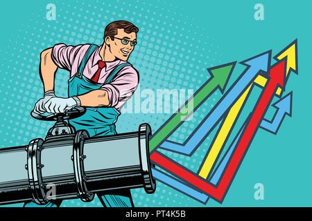 businessman opens pipe, growth chart up. Plant and industry. Pop art retro vector illustration vintage kitsch Stock Vector