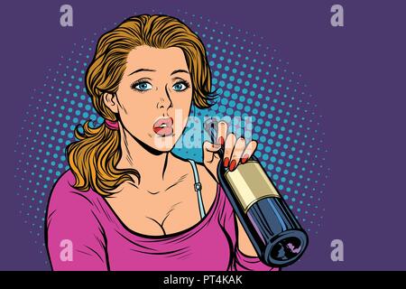 Woman drinking wine from a bottle. Loneliness and sadness. Pop art retro  vector illustration vintage kitsch Stock Vector Image & Art - Alamy