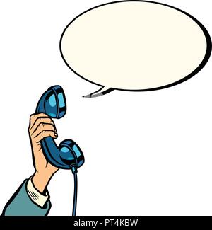 retro phone handset in male hand. Pop art vector illustration vintage kitsch Stock Vector