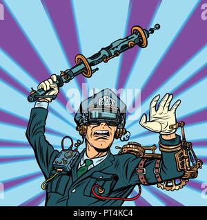 VR glasses. virtual reality. police violence, state censorship on the Internet concept. COP officer beat a baton. Pop art retro vector illustration vi Stock Vector
