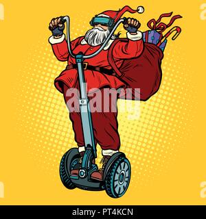 Santa Claus in VR glasses, with Christmas gifts rides an electric scooter. Virtual reality. Pop art retro vector illustration vintage kitsch Stock Vector