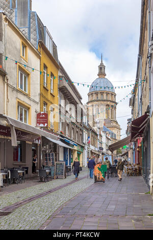Main street of the fortified city at Boulogne-sur-Mer, Pas-de-Calais, France. Dome of cathedral in background. Stock Photo