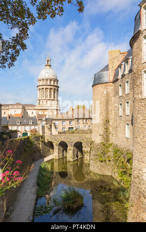 Fortified city of Boulogne-sur-Mer, bridge to castle in foreground, dome of Basilica in background Stock Photo