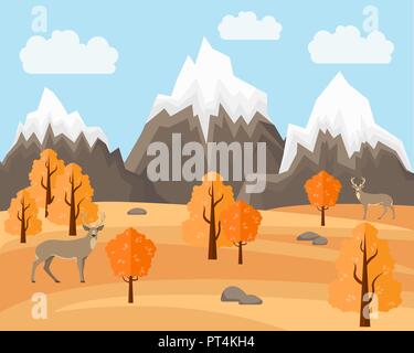 Autumn Landscape with deers in Flat Style Illustartion. Mountains and trees. Mountain autumn landscape Stock Vector